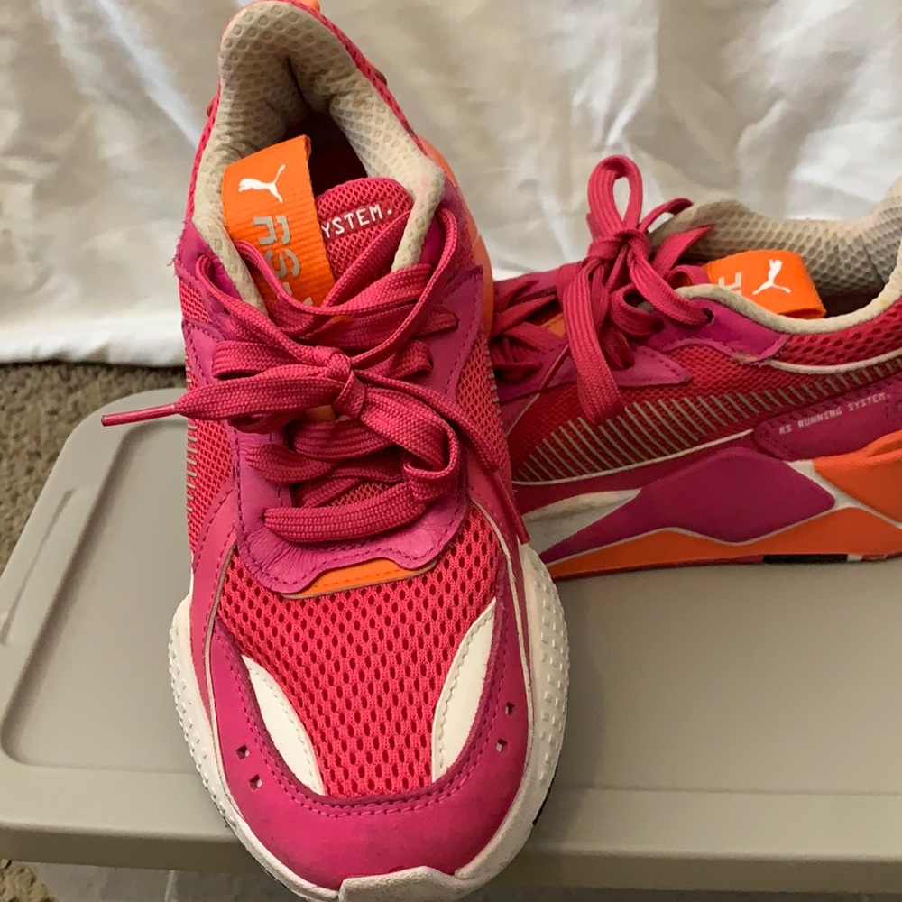 Hot pink orange and white puma sneaker